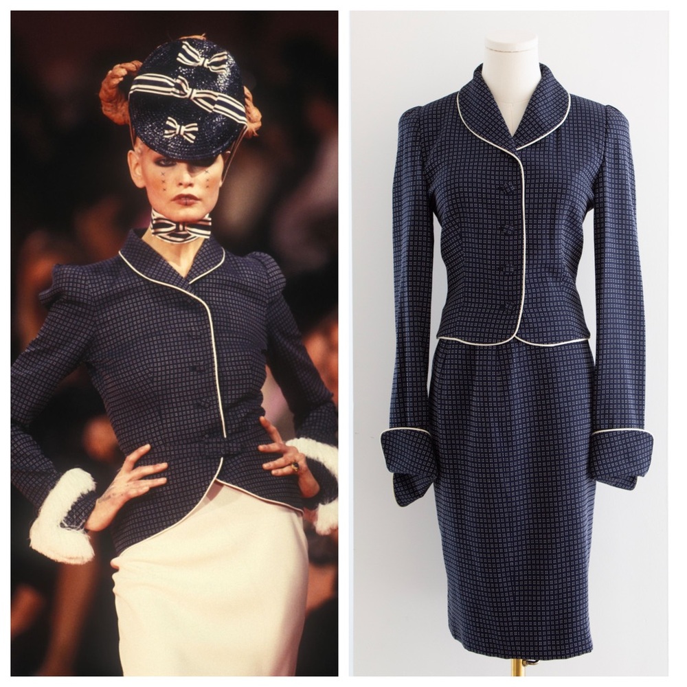 Givenchy Couture by John Galliano S/S 1997 Navy White Dotted Jacket & Skirt Suit